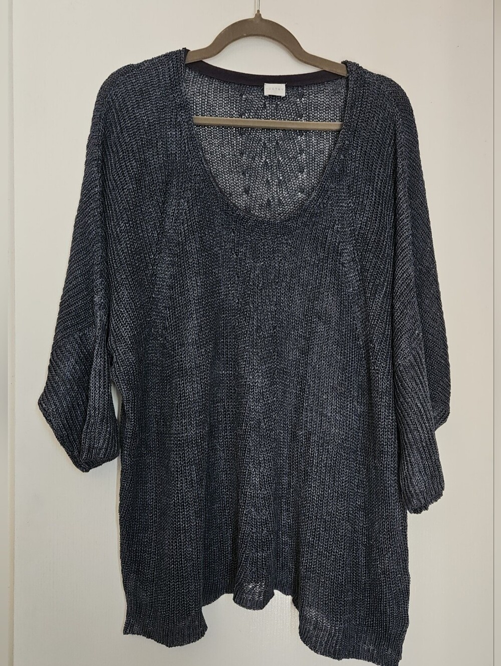 Poetry Grey Blue 100% Linen Open-Knit Scoop Neck Sweater, 18-22